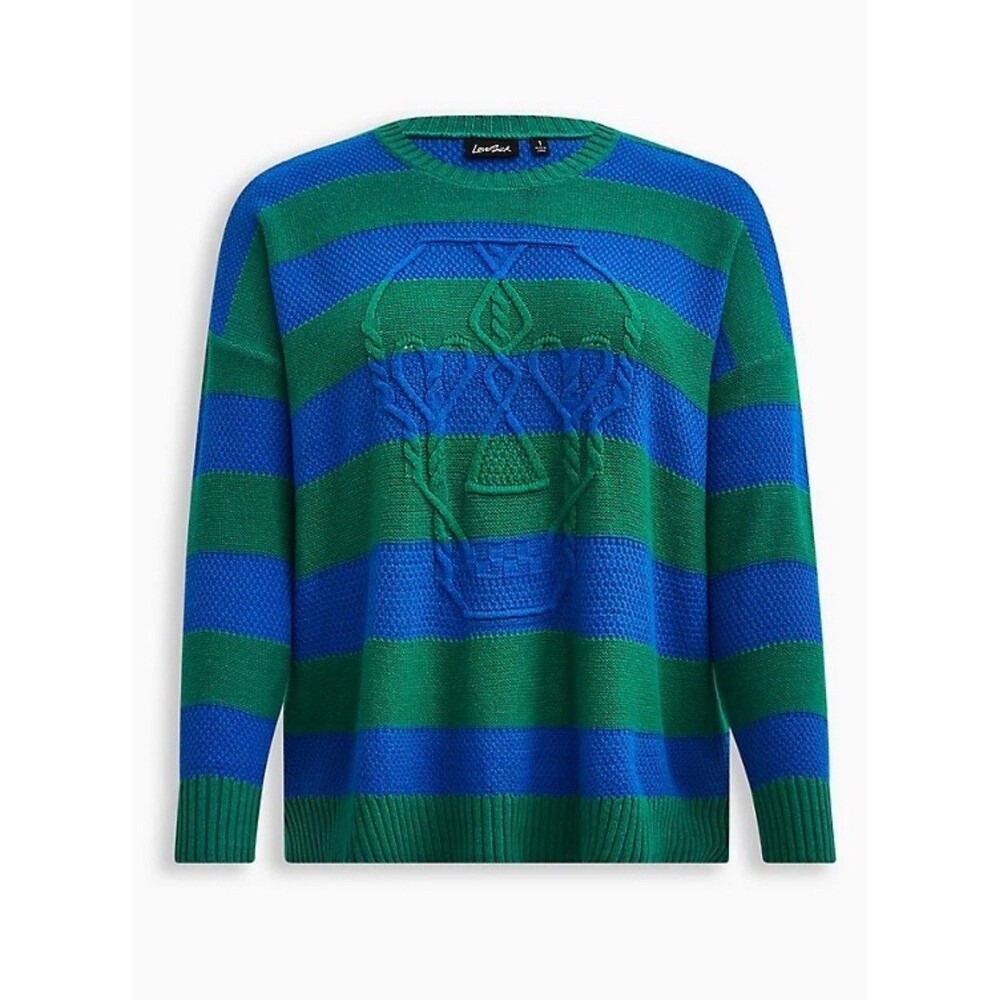 NWT Torrid Lovesick Green Blue Stripe Distressed Skeleton Sweater Sz 0 (L/12)